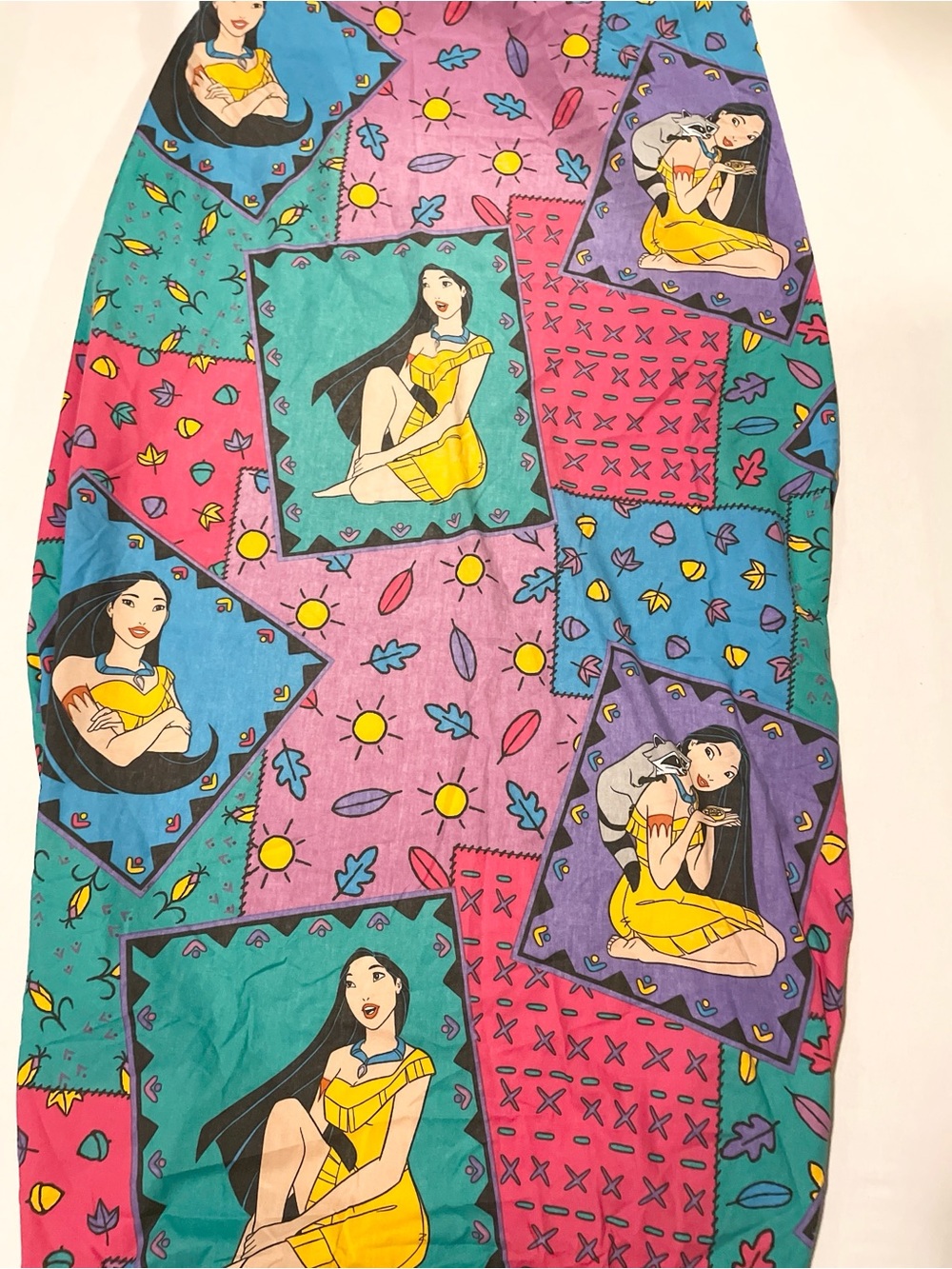 Vintage 90s Disney Pocahontas Twin Fitted Sheet Patchwork Meeko Raccoon